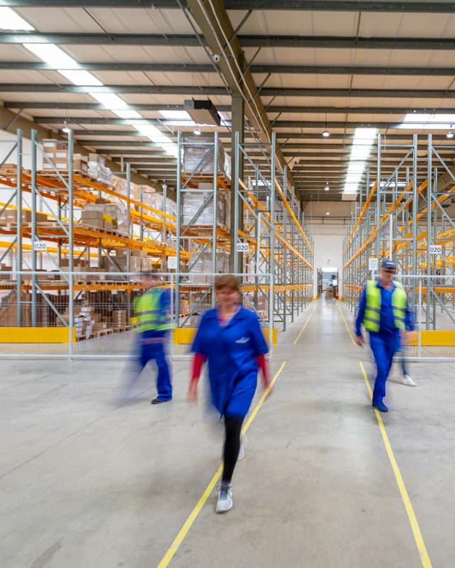 Warehouse staff walking along an aisle of tall stocked shelving
